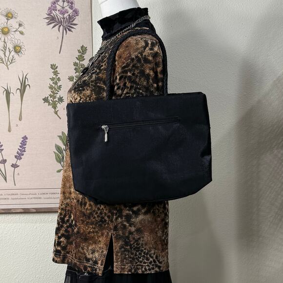 Black Satin Floral Embroidered Beaded Bag Whimsigoth Romantic Goth Dark Coquette - Picture 3 of 8